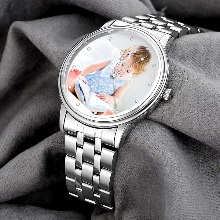 Custom Engraved Photo Watch Men's Silver Alloy Bracelet Gifts for Dad Who Wants Nothing