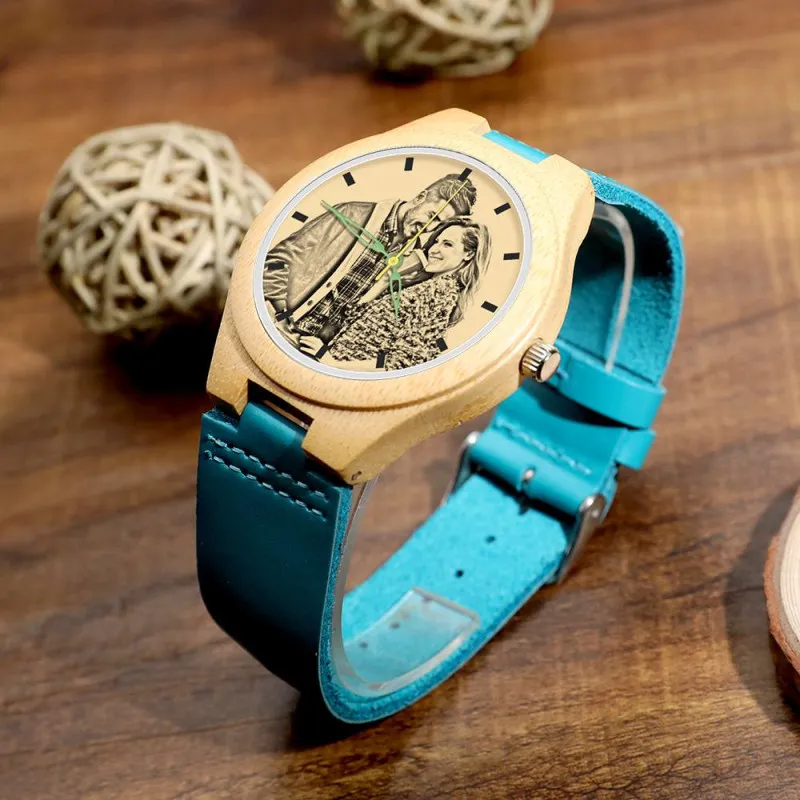 Custom Engraved Banboo Photo Watch Blue Leather Strap