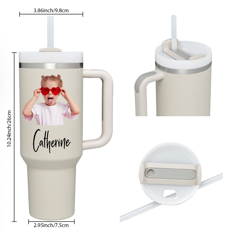 Personalized Photo Name 40oz Insulated Mug with Handle and Straw Stainless Steel Custom Travel Cup Gift for Family Friends Couples