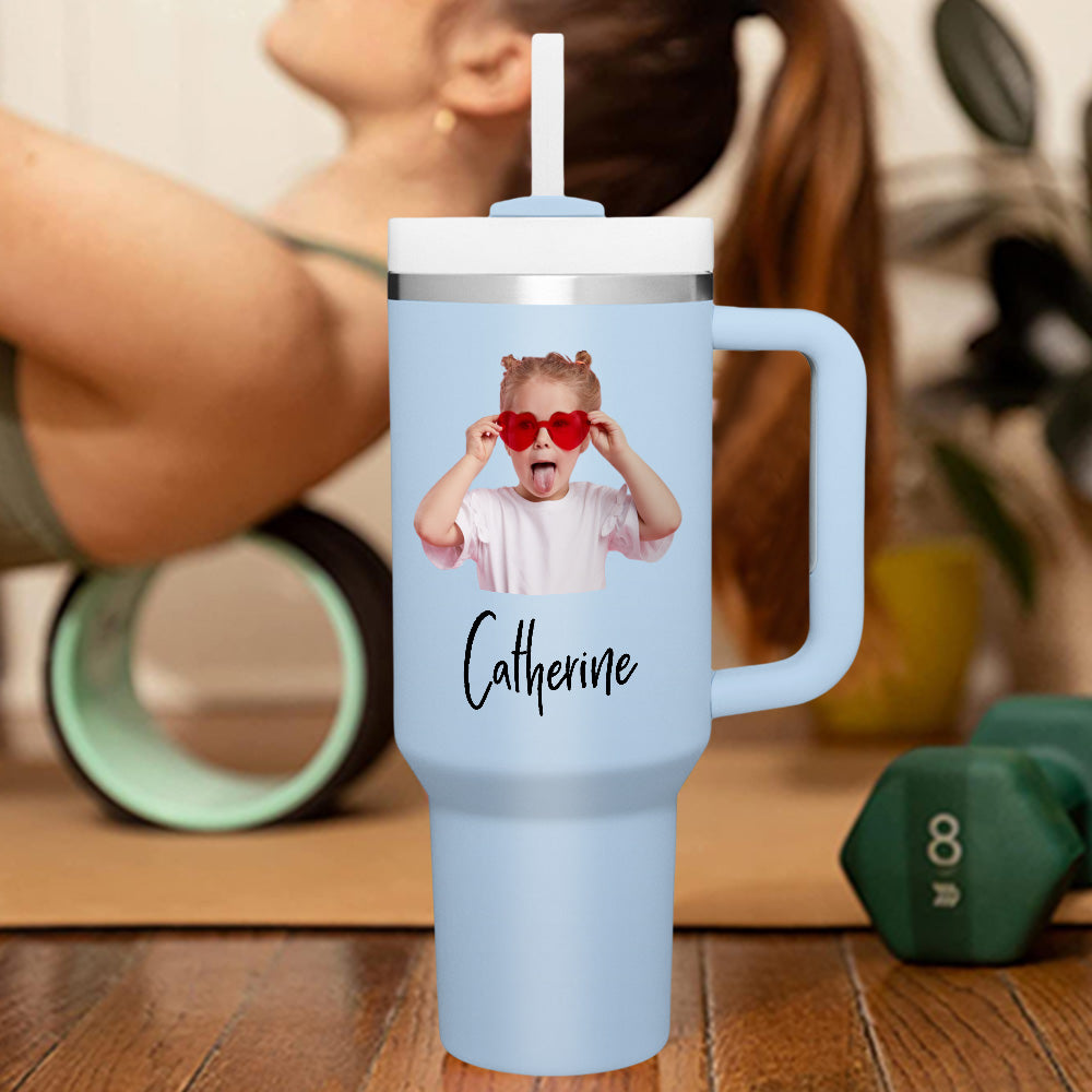 Personalized Photo Name 40oz Insulated Mug with Handle and Straw Stainless Steel Custom Travel Cup Gift for Family Friends Couples
