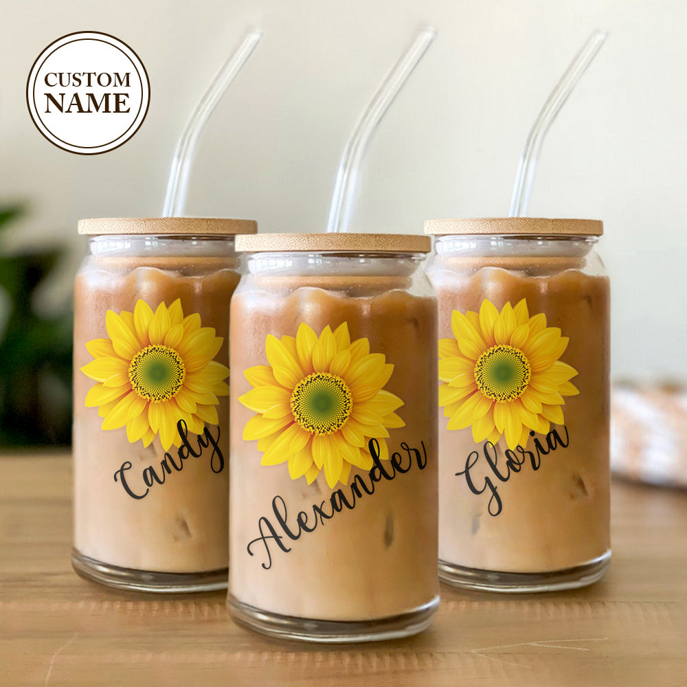 Custom Name Can Glass with Sunflower with Straw Bridesmaid Gifts