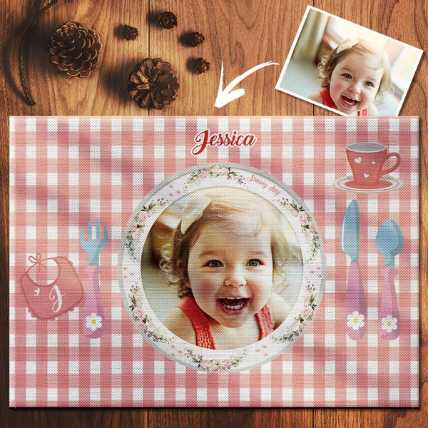 Custom Pink Gingham Photo Placemat With Name - For Girl