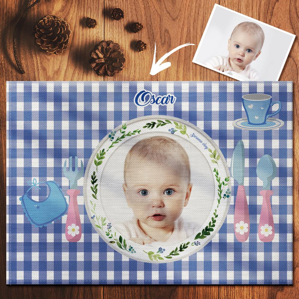 Custom Blue Gingham Photo Placemat With Name - For Boy
