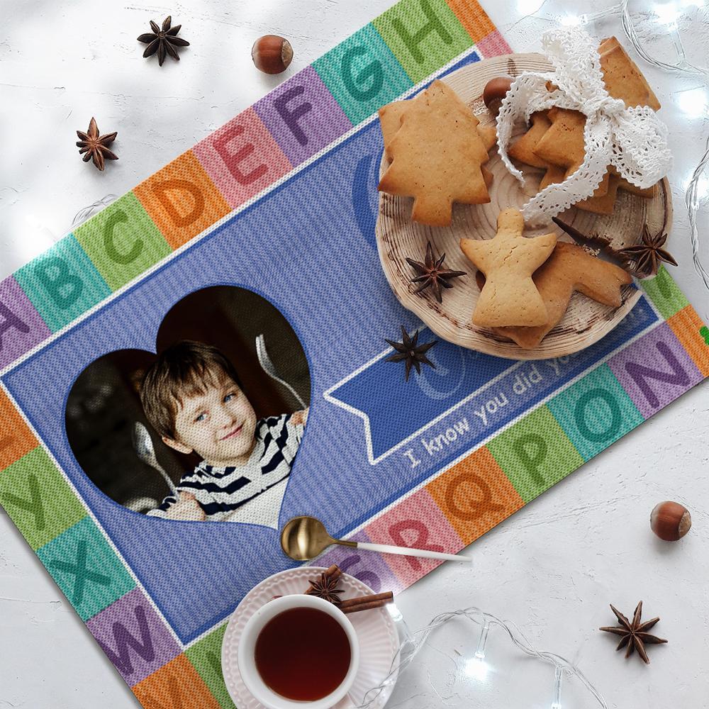 Custom Alphabet Blue Theme Photo Placemat With Text - For Boy