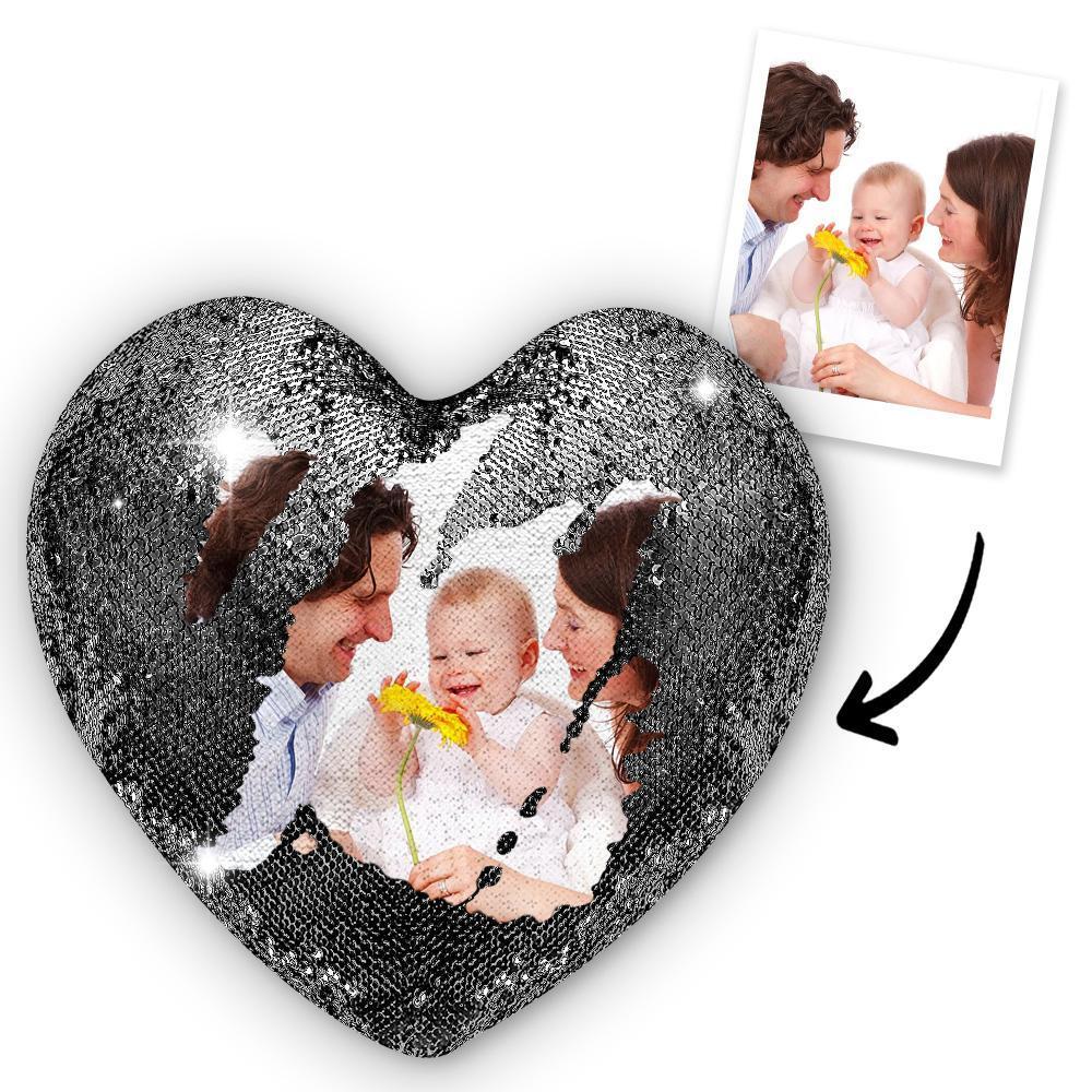 Custom Photo Magic Heart Sequins Pillow for Mom Multicolor Shiny