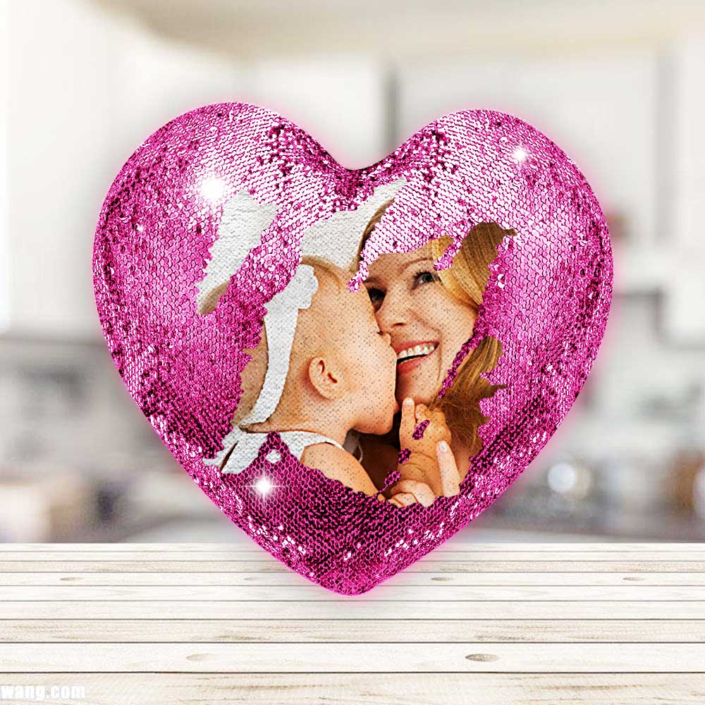 Custom Love Heart Photo Magic Sequin Pillow Multicolor Shiny Mother's Day Gifts