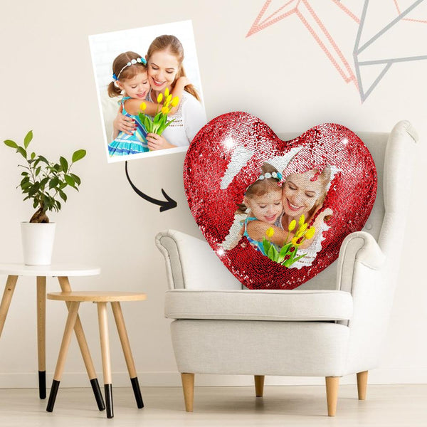 Custom Love Heart Photo Magic Sequin Pillow Multicolor Shiny Mother's Day Gifts