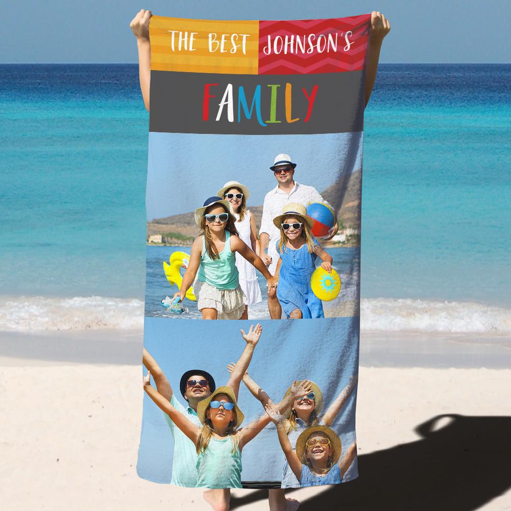 Custom Photo Beach Bath Towel With Text - Family