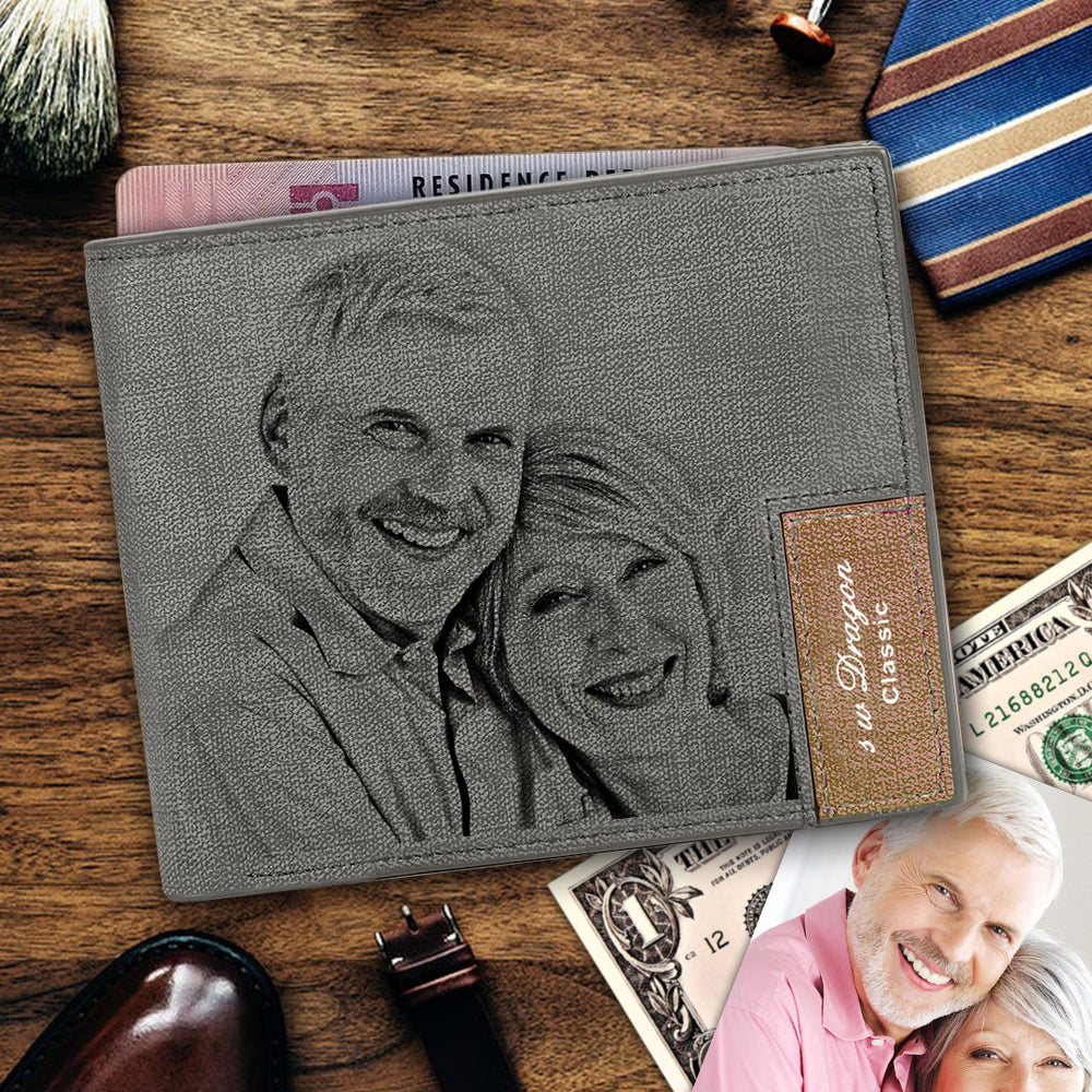 Fathers Gift for Him Leather Mens Wallet Personalized Engraved Custom Photo