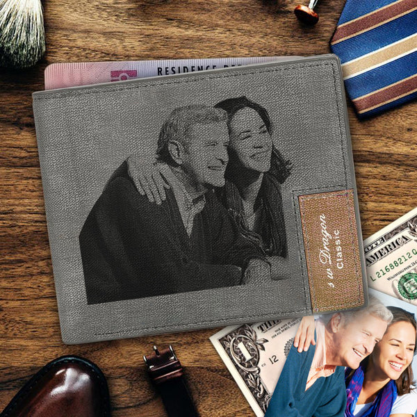 Fathers Gift for Him Leather Mens Wallet Personalized Engraved Custom Photo