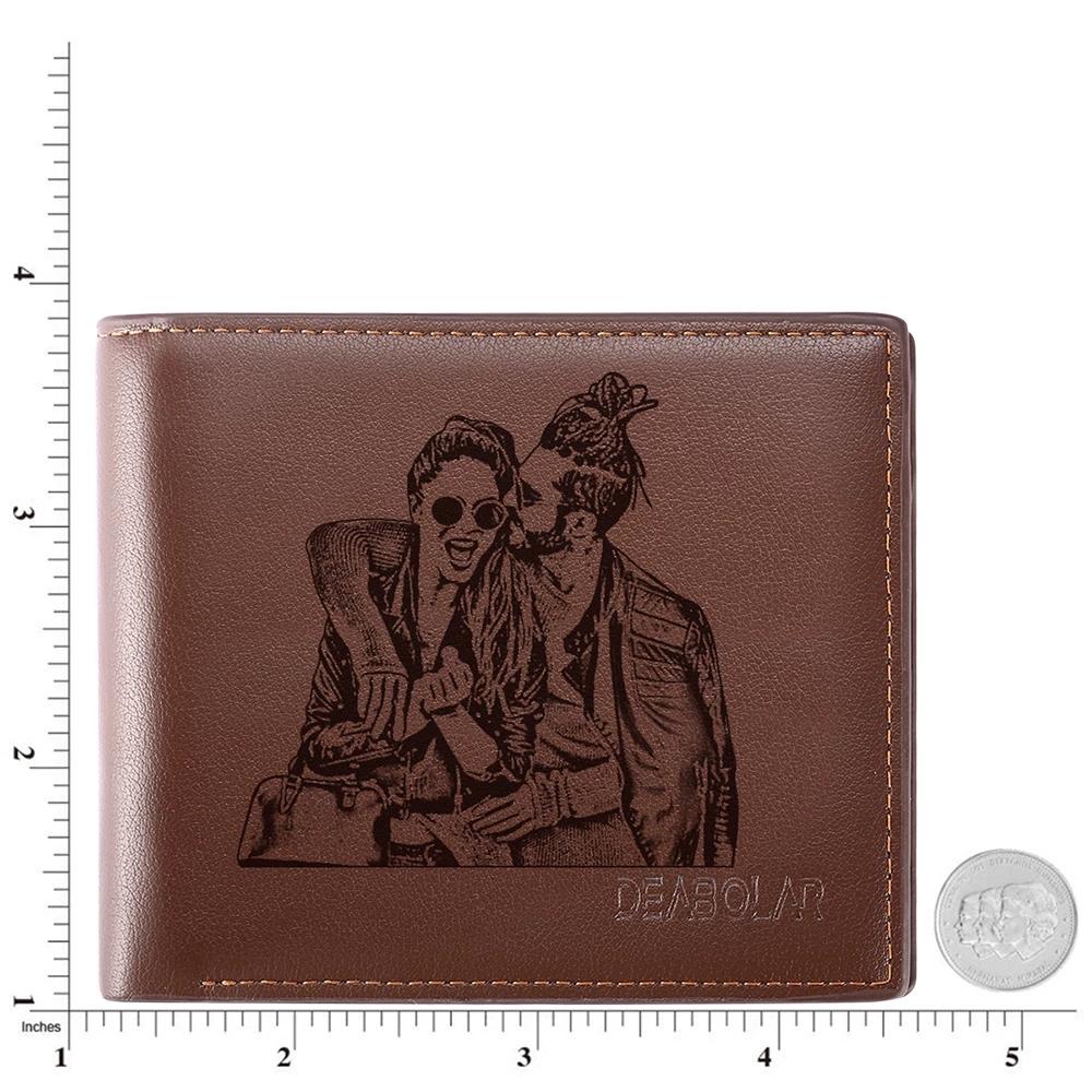 Personalized Engraved Leather Mens Wallet Custom Brown Trifold Leather Family Photo Wallet