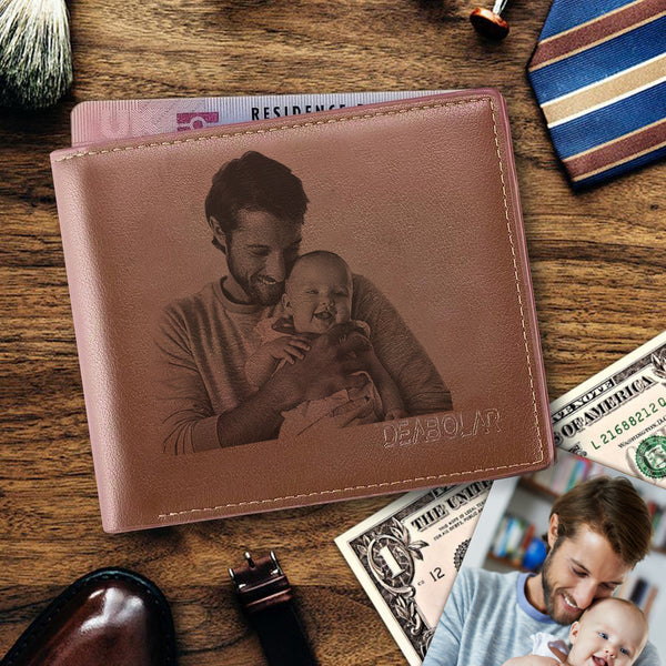 Custom Photo Mens Leather Wallet With Engraved Text On The Back