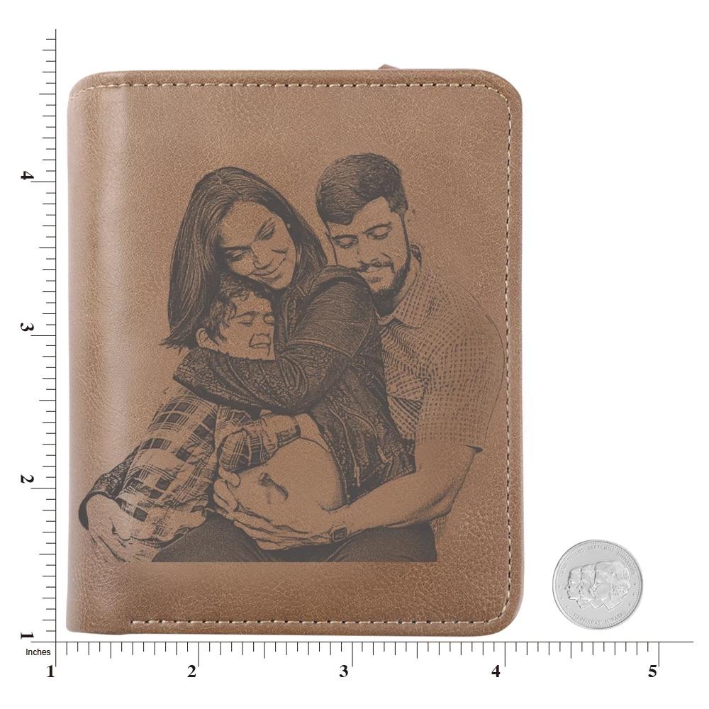 Custom Photo Mens Leather Wallet With Engraved Text On The Back
