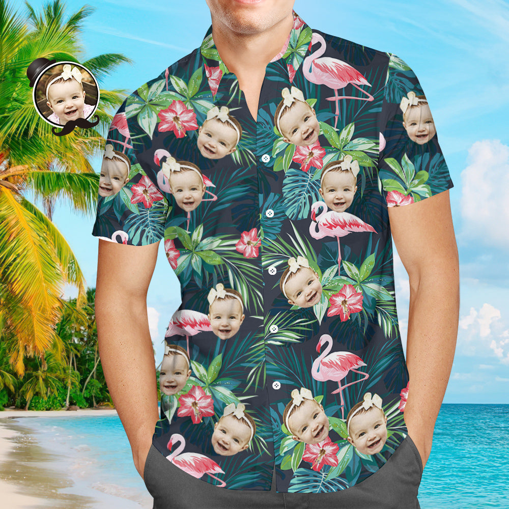 Men's Custom Face Shirt Hawaiian Shirt Short Sleeve Tropical Leaves Flamingo