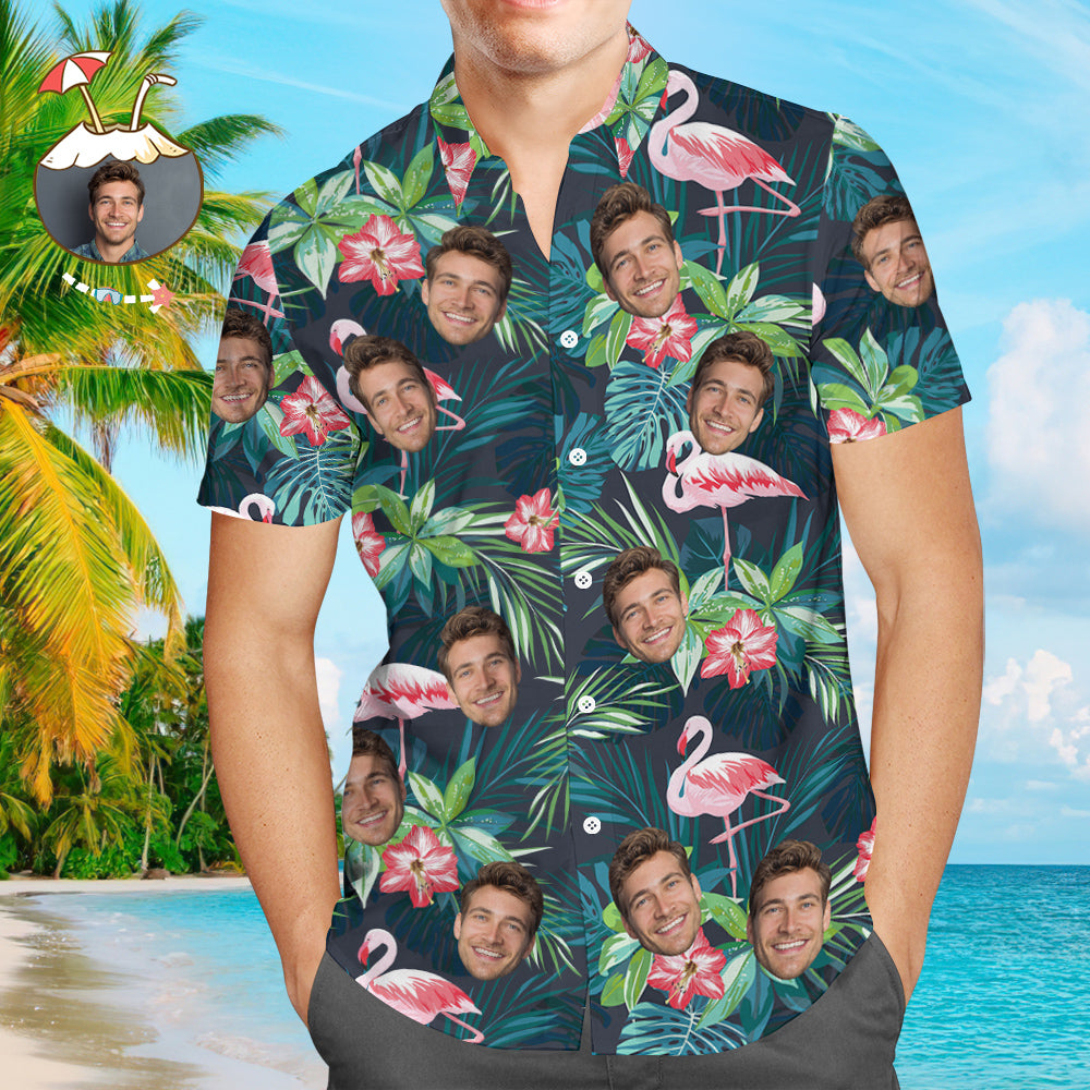 Men's Custom Face Shirt Hawaiian Shirt Short Sleeve Tropical Leaves Flamingo
