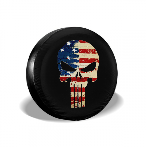 Skull Long Teeth American Flag Spare Tire Cover For SUV