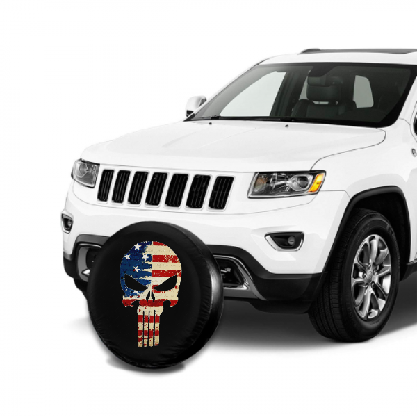 Skull Long Teeth American Flag Spare Tire Cover For Jeep/RV/Camper/SUV