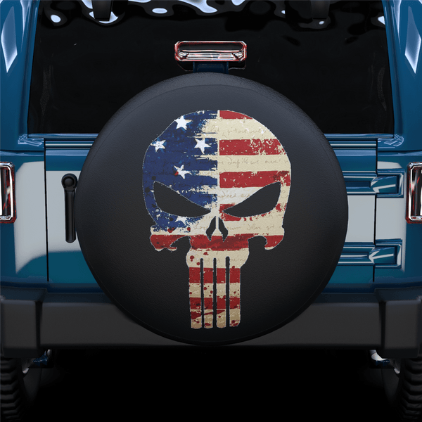 Skull Long Teeth American Flag Spare Tire Cover For Jeep/RV/Camper/SUV