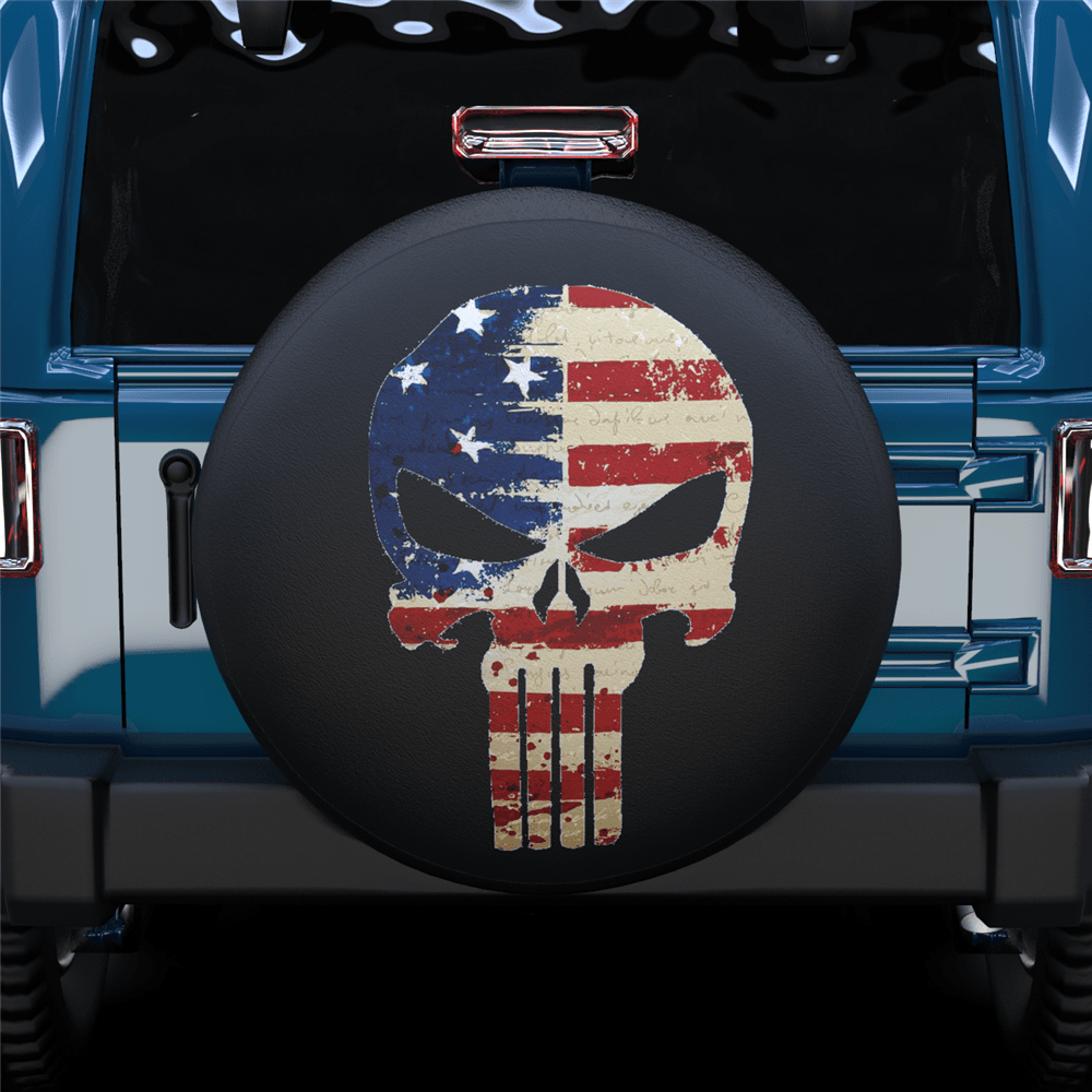 Skull Long Teeth American Flag Spare Tire Cover For SUV