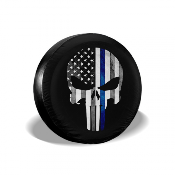 Skull Black White Blue American Flag Spare Tire Cover For SUV