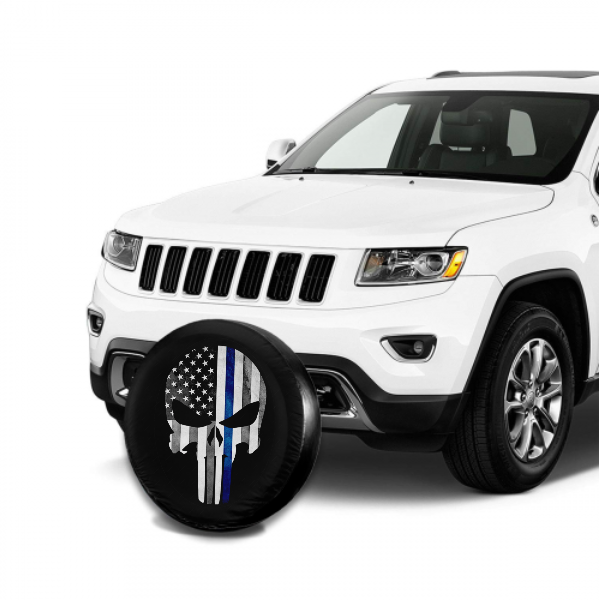 Skull Black White Blue American Flag Spare Tire Cover For RV