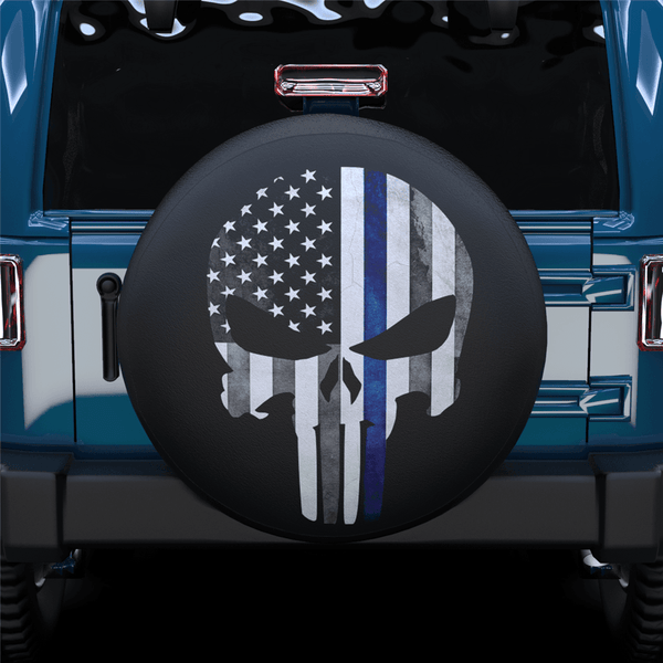 Skull Black White Blue American Flag Spare Tire Cover For RV