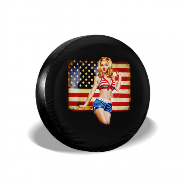 Beauty Girl And American Flag Spare Tire Cover