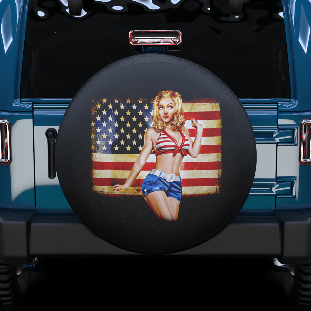 Beauty Girl And American Flag Spare Tire Cover