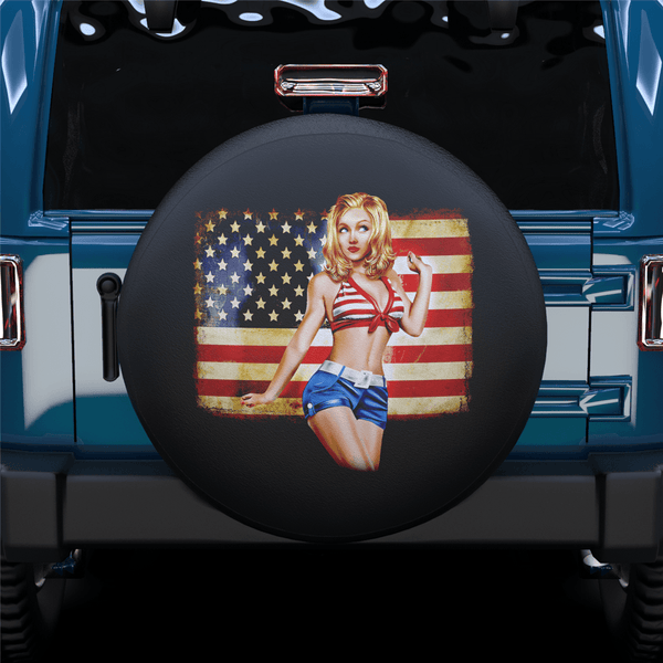 Beauty Girl And American Flag Spare Tire Cover For Jeep/RV/Camper/SUV