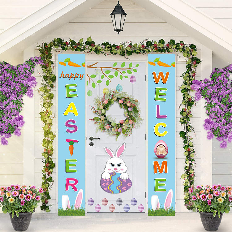 Welcome Happy Easter Porch Sign Flag-BlueText Hanging Flags Easter Sign Outdoor Home Door Decor