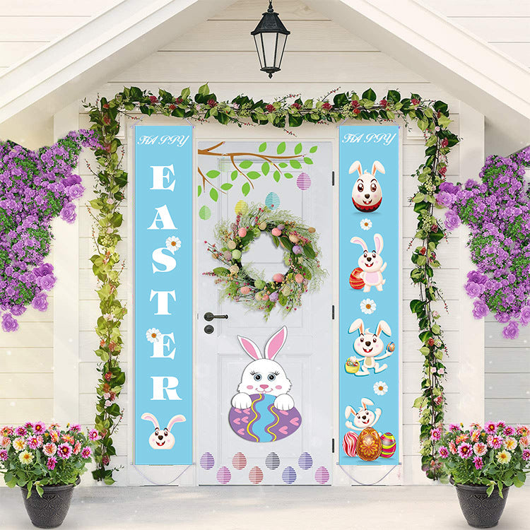 Happy Easter Porch Sign Flag-Cute Bunny Hanging Flags Easter Sign Outdoor Home Door Decor