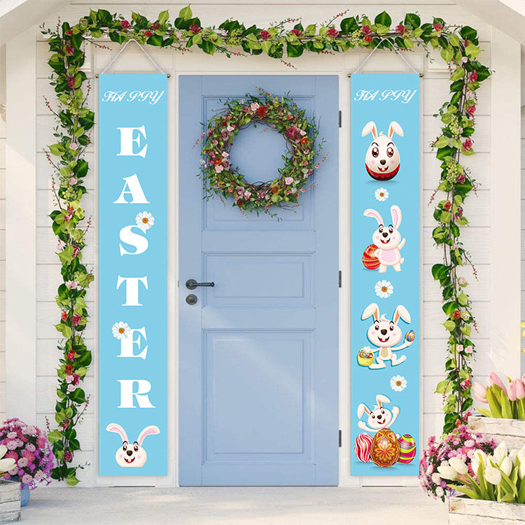 Happy Easter Porch Sign Flag-Cute Bunny Hanging Flags Easter Sign Outdoor Home Door Decor