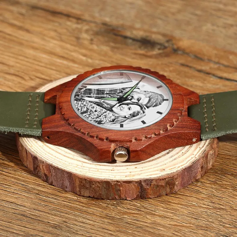 Gifts for Him Wooden Watches Custom Engraved Wood Photo Watch Dark Green Leather Strap