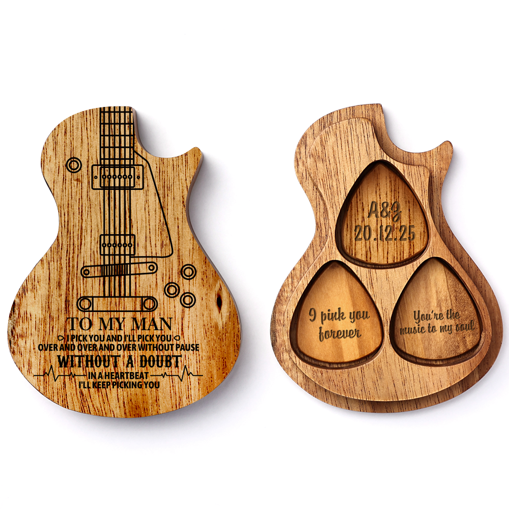 Personalized Wooden Guitar Picks & Pick Box - Electric Guitar