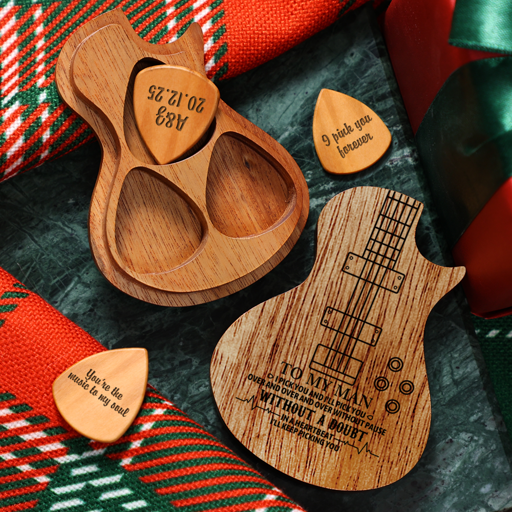 Personalized Wooden Guitar Picks & Pick Box - Bass Instrument