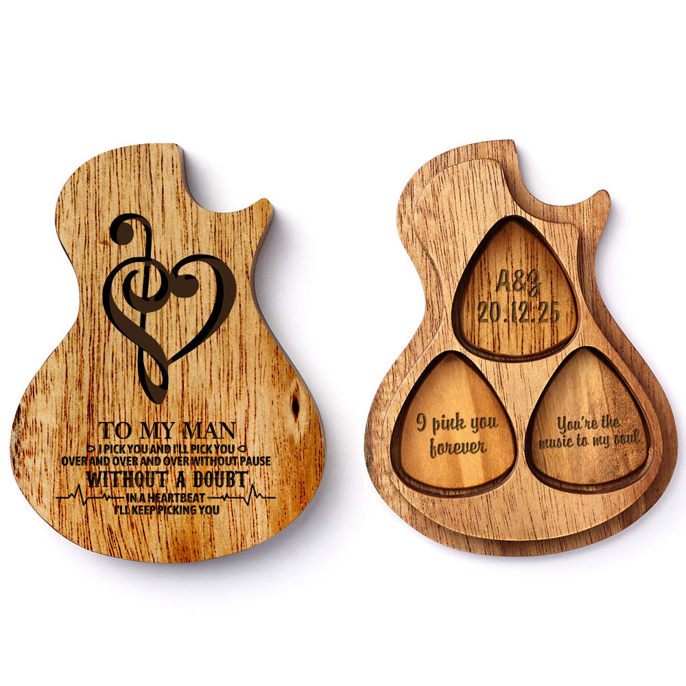 Personalized Wooden Guitar Picks & Pick Box - Heart Music Note