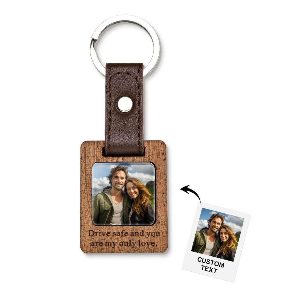 Custom Text Leather Photograph Keychain Personalized Picture Gift