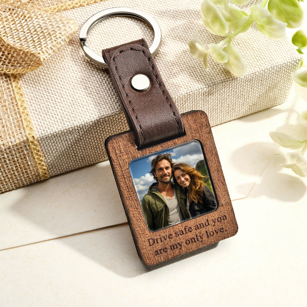 Custom Text Leather Photograph Keychain Personalized Picture Gift