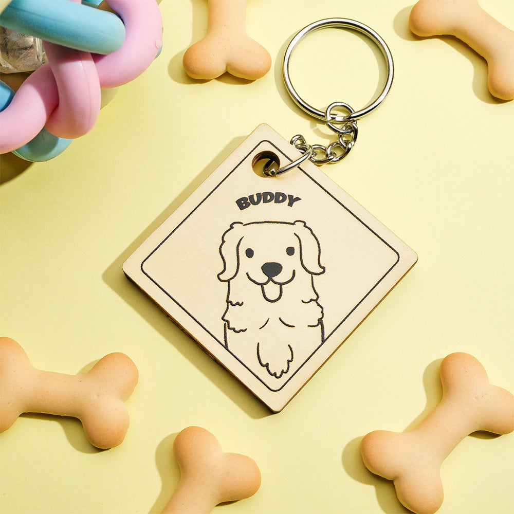 Custom Cartoon Pet Photo and Name Personalized Wooden Keychain Gift for Pet Lovers