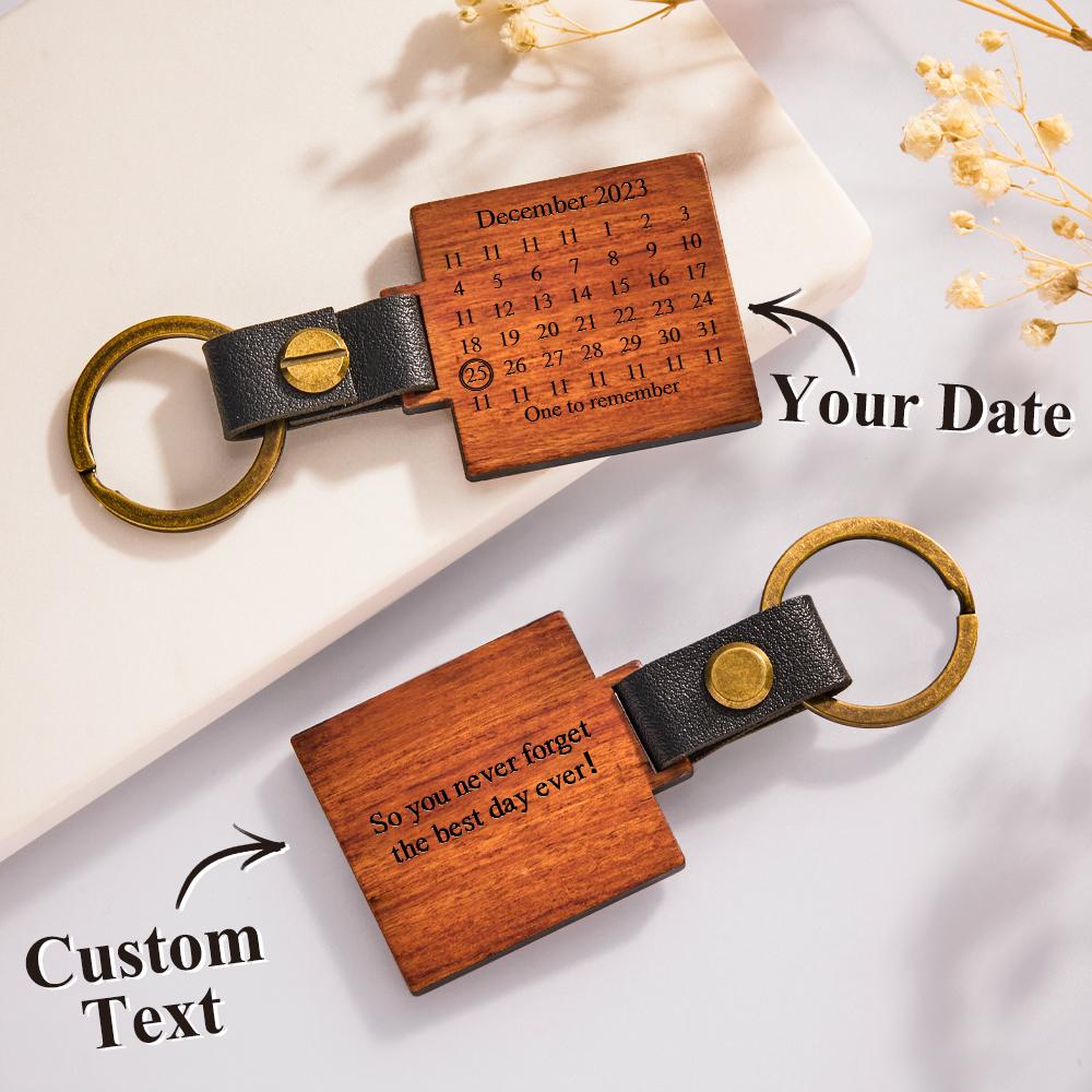 Custom Engraved Calendar Wooden Keychain Personalized Memorial Date Anniversary Gifts