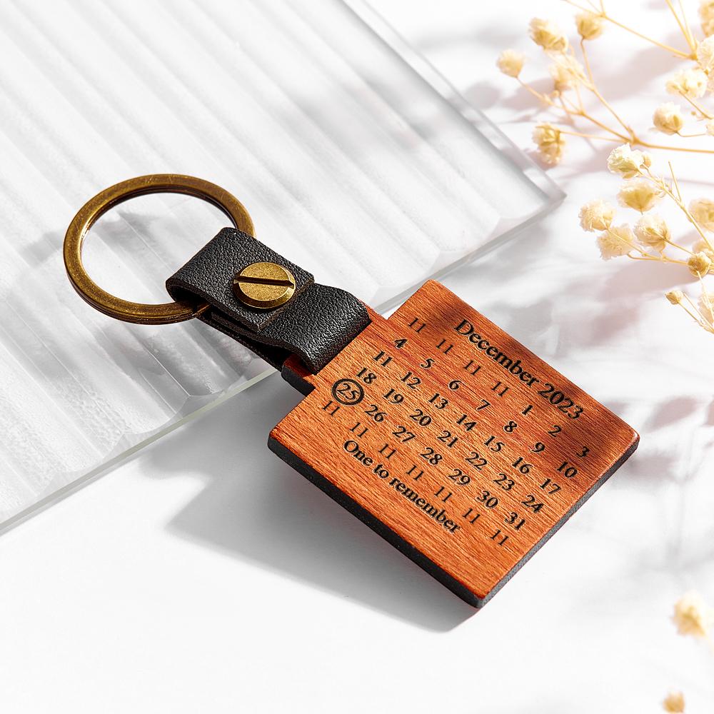 Custom Engraved Calendar Wooden Keychain Personalized Memorial Date Anniversary Gifts