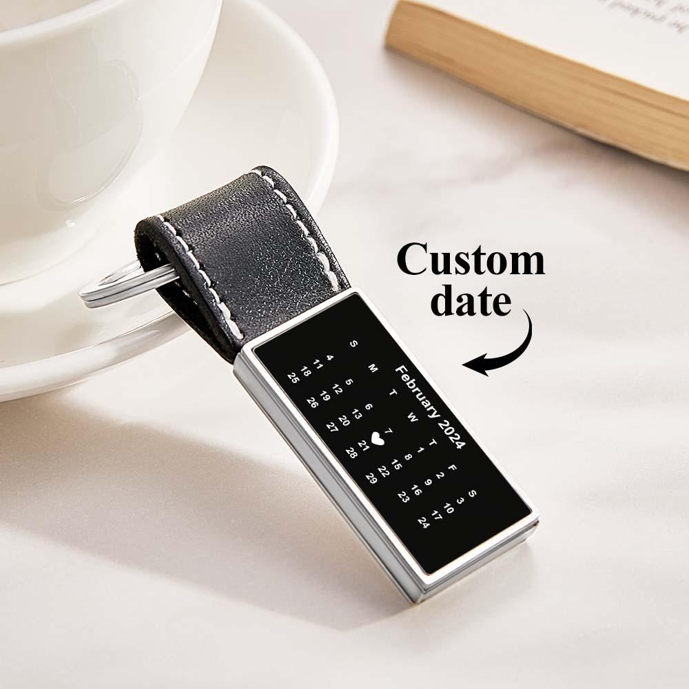 Customized Calendar Date Leather Keychain With Engraved Text Valentine Exclusive Gift For Men