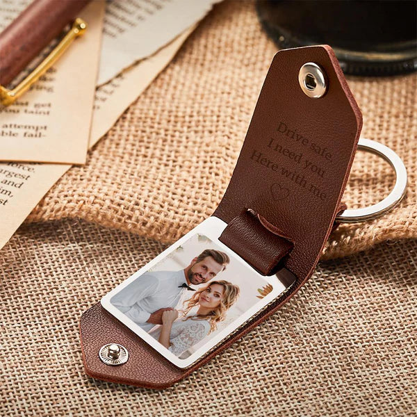 Personalized Photo Keychain Drive Safe I need you Here with me with Text Leather Keyring