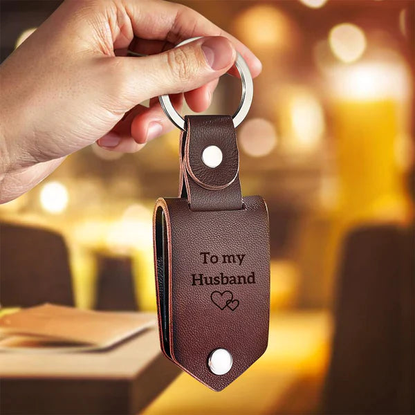 Personalized Photo Keychain Drive Safe I need you Here with me with Text Leather Keyring