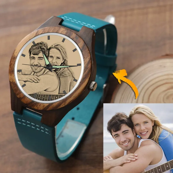 Gifts for Dad Custom Engraved Sandal Wood Photo Watch Blue Leather Strap
