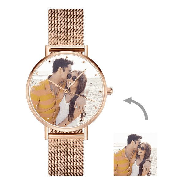 Custom Engraved Banboo Photo Watch Blue Leather Strap