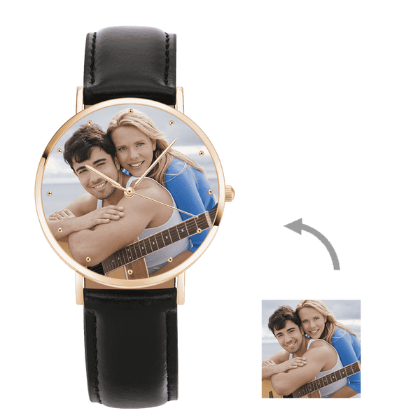 Fathers Gifts Watch Custom Engraved Wooden Photo Watch Grey Leather Strap