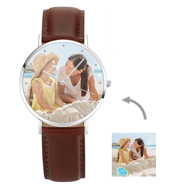 Watch for Father Custom Engraved Wooden Photo Watch Dark Green Leather Strap