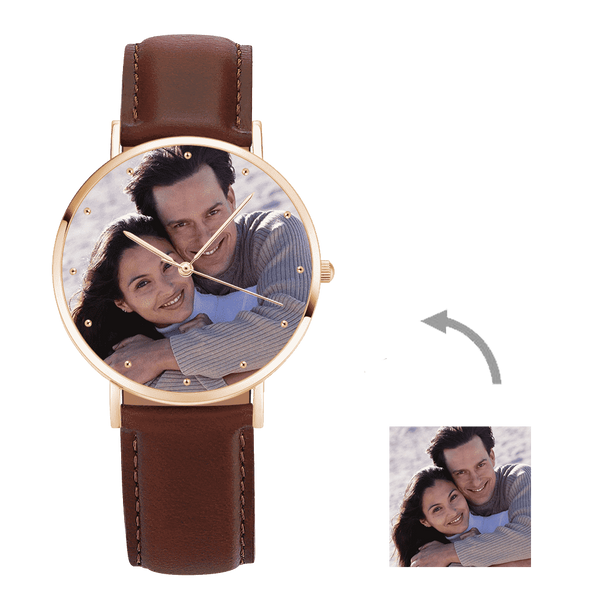 Watch for Father Custom Engraved Wooden Photo Watch Dark Green Leather Strap