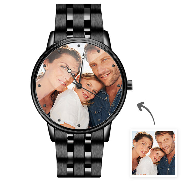 Custom Engraved Rose Gold Photo Watch Black Leather Strap